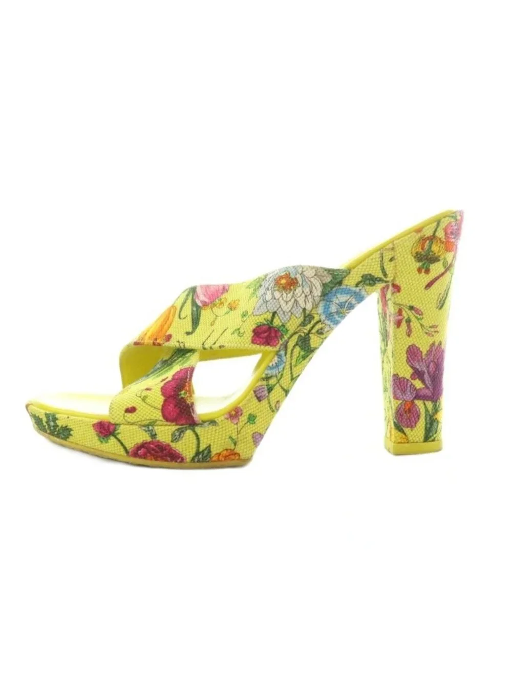Gucci Sandals Canvas Chunky Heels Floral 36 Yellow BB - Picture 2 of 7